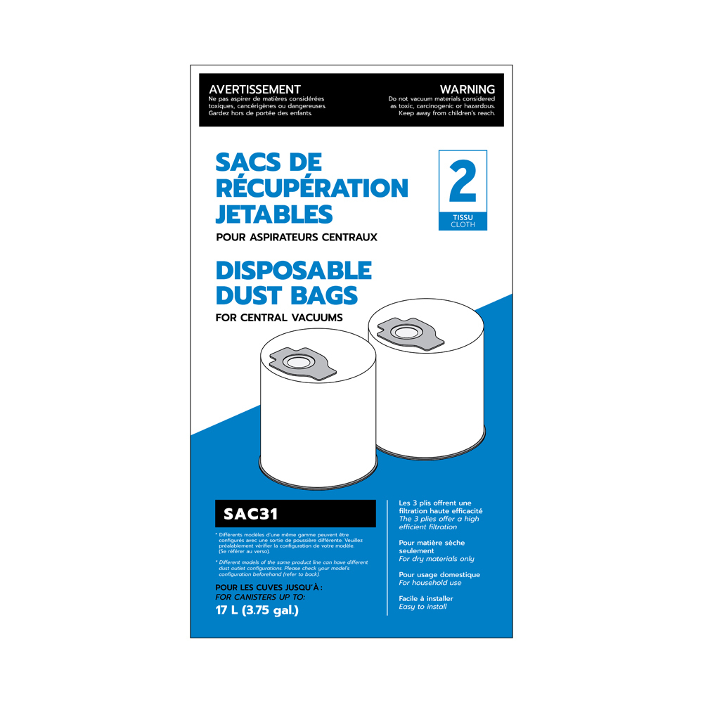 Central vacuum disposable cloth dust bags